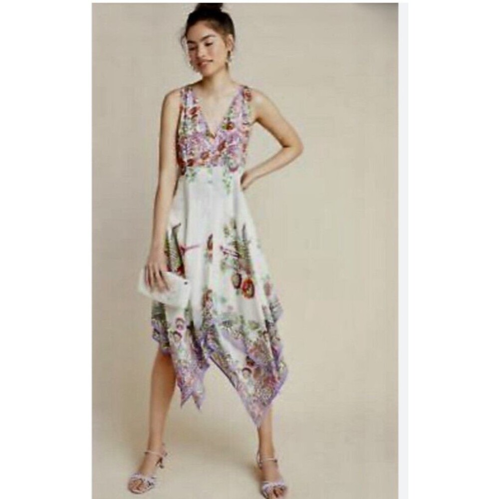 Anthropologie Size 8 Analise Floral Bird Handkerchief Hem Flowy Dreamy Dress